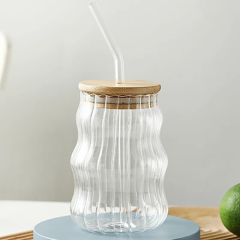 2PCS Ribbed Glass cups with Bamboo Lids and Glass Straws, Fluted Vintage  Ripple Clear Glassware, Origami Style Drinking Glasses for Juice, Beer,  Iced Coffee, Tea and Cocktail 