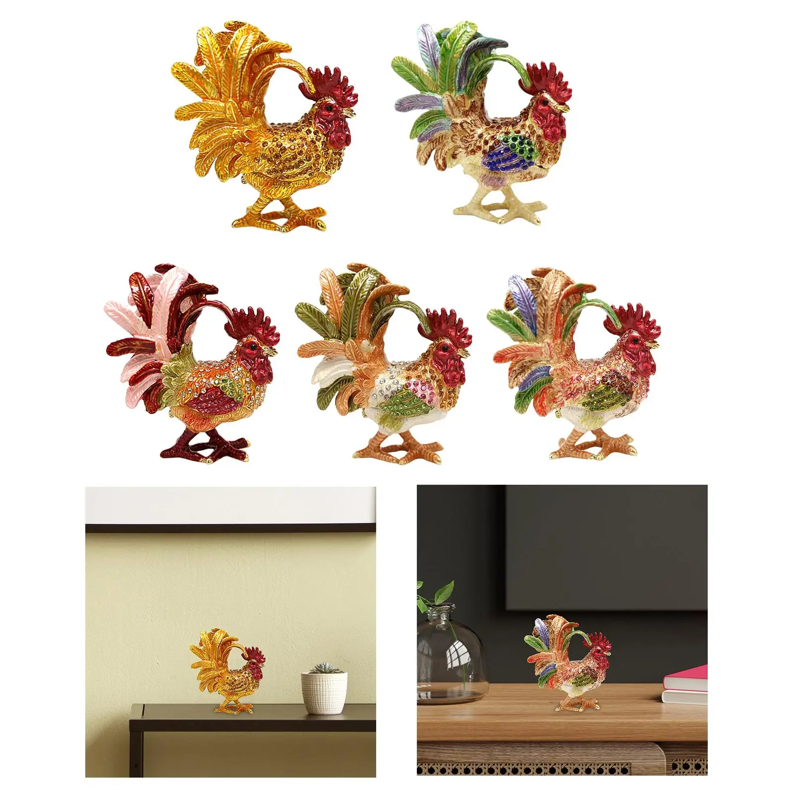 Enameled Chicken Figurine Jewelry Box Decor Desktop Sculpture Treasure Case