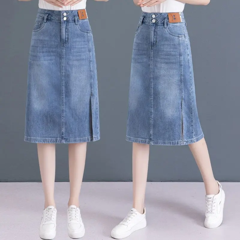 Women's 2024 Summer New Minimalist Commute Solid Color High Waist Button Pockets A-line Thin Midi Split Hip Wrapped Denim Skirts