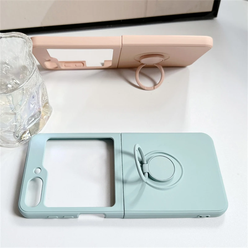 Soft Liquid Silicone Folding Phone Case with Square Frame and Magnetic Ring Holder