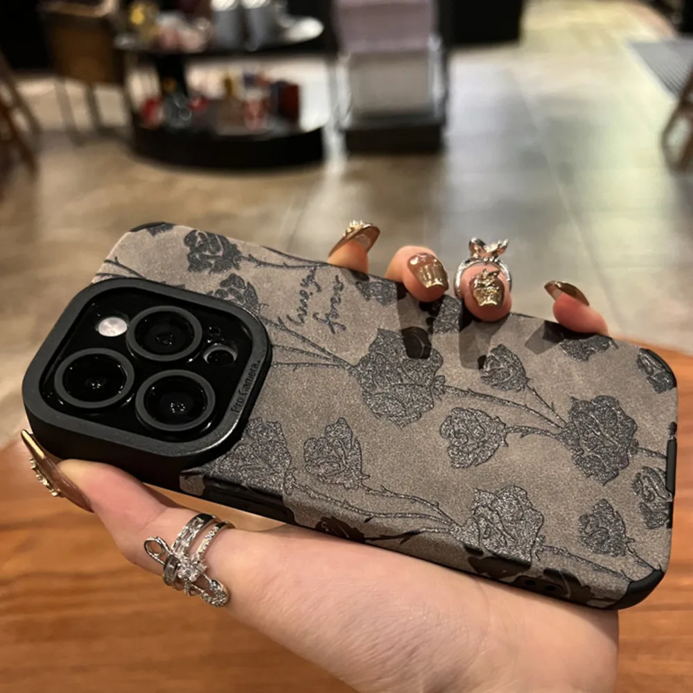 【 High Quality 】 Gray Bottom Black Rose Phone Case New iPhone 15 Promax 13 Set  16 Premium 14 Anti Drop 12 Silicone_voghion.com