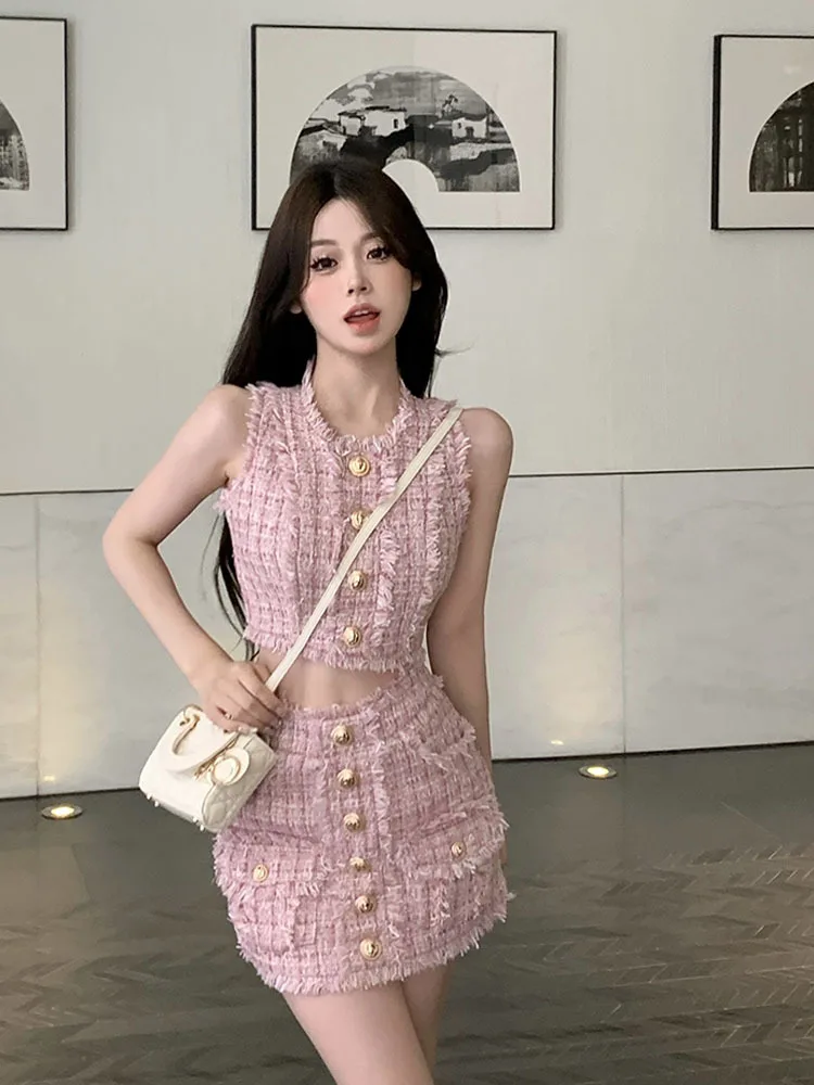 

High Quality Small Fragrance 2 Piece Set Female Summer Tweed Vest Crop Top Blouse + Korean Mini Skirt Party Tassels Outfits Chic