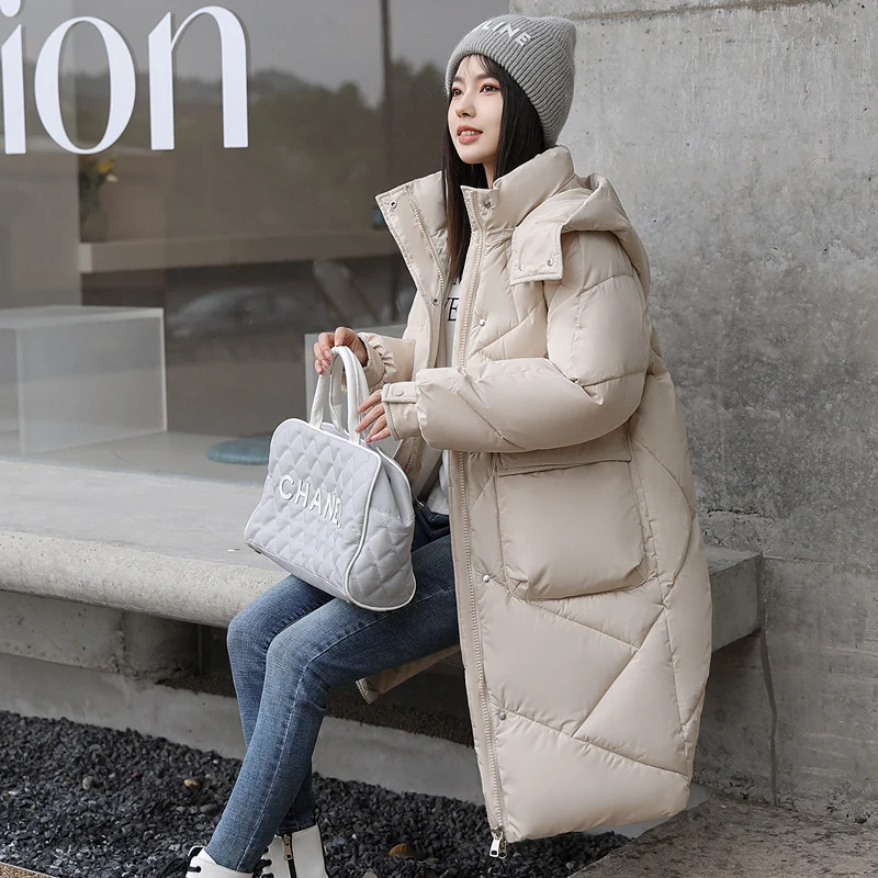 

Women's Solid Color Big Pocket Hooded Jackets Casual Medium Long Parka Autumn Winter Rhombic Lattice Loose Coat