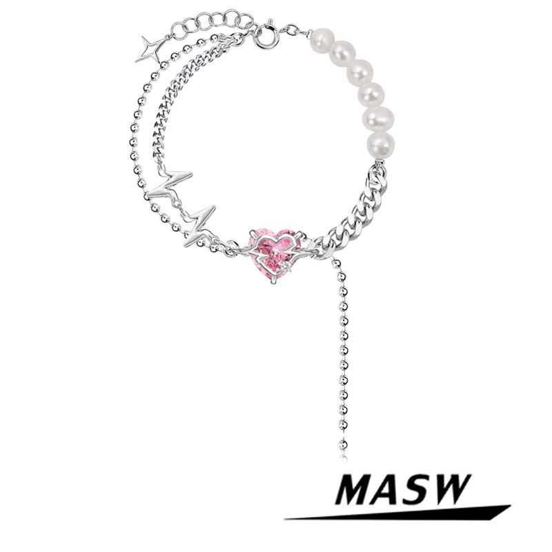 

MASW Modern Jewelry Pink Glass Heart Charm Bracelet 2022 New Trend High Quality Brass Chain Pearl Bracelet For Women Gift