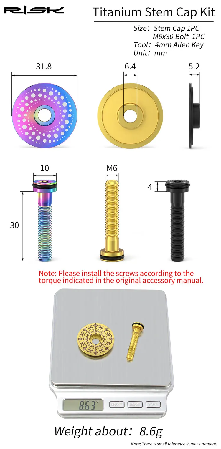 Description Picture 3 of itemRisk Bike Parts Headset Cap Kit M6*30MM Bicycle Stem Bolts Ultralight Hollow Screw Bicycle Headset Top Cover Titanium Alloy Bolt