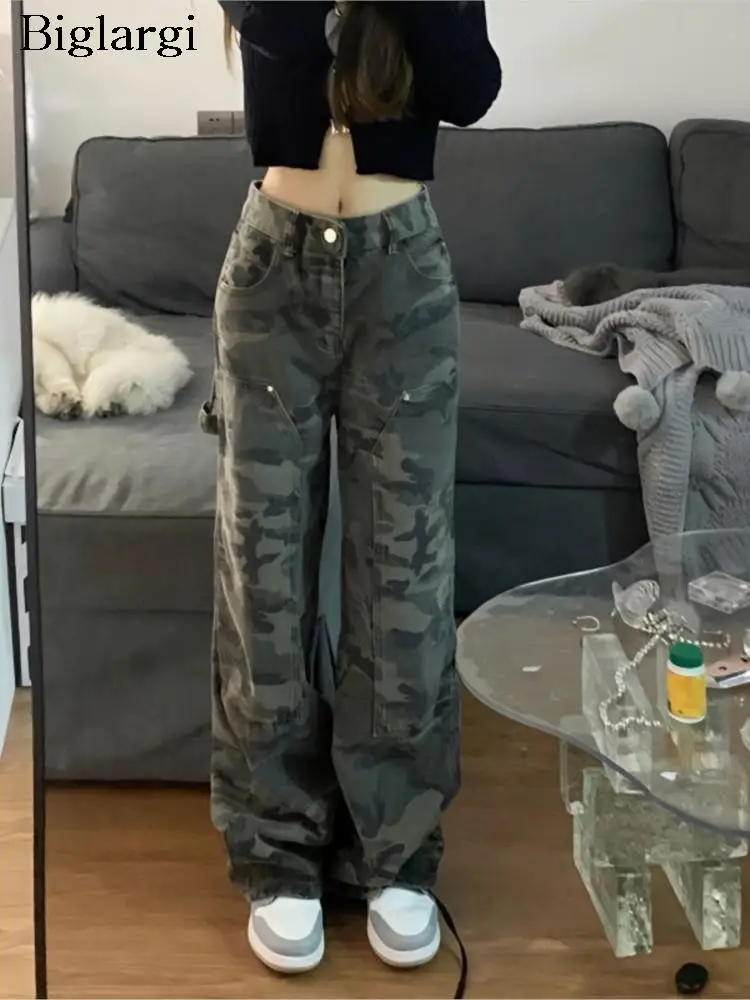 

Retro Camo Jeans Women Autumn Winter High Waist Straight Leg Cargo Pants Ladies Loose Wide Leg Pants Woman Fashion Trousers