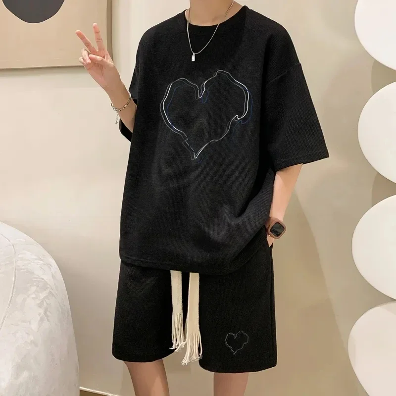 thumbnail image 1 of Conjunto de moda coreana con estampado de gofres para hombre, camiseta de manga corta y pantalones cortos, trajes para hombre, ropa deportiva, chándal UNISEX, conjunto de 2 piezas, conjuntos estampado, 1 of 5