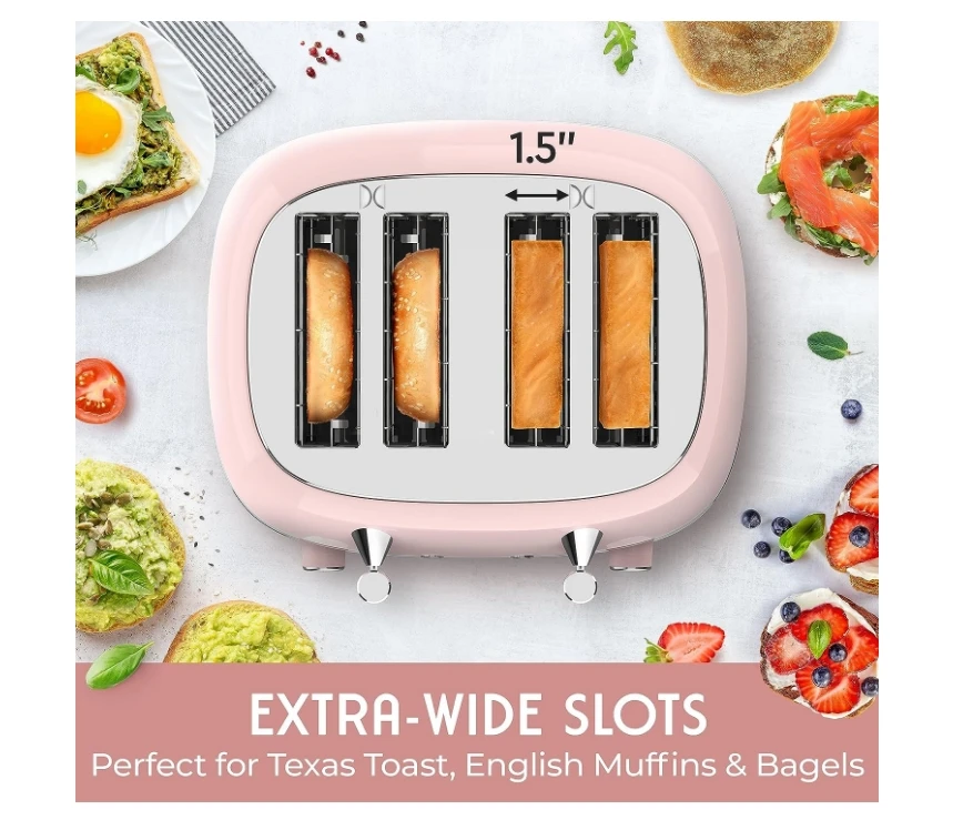 Retro Toaster 4 Slice with Extra Wide Slots Bagel, Defrost, 6 Browning Levels, Dual Independent Controls, Removable Crumb Tray 3