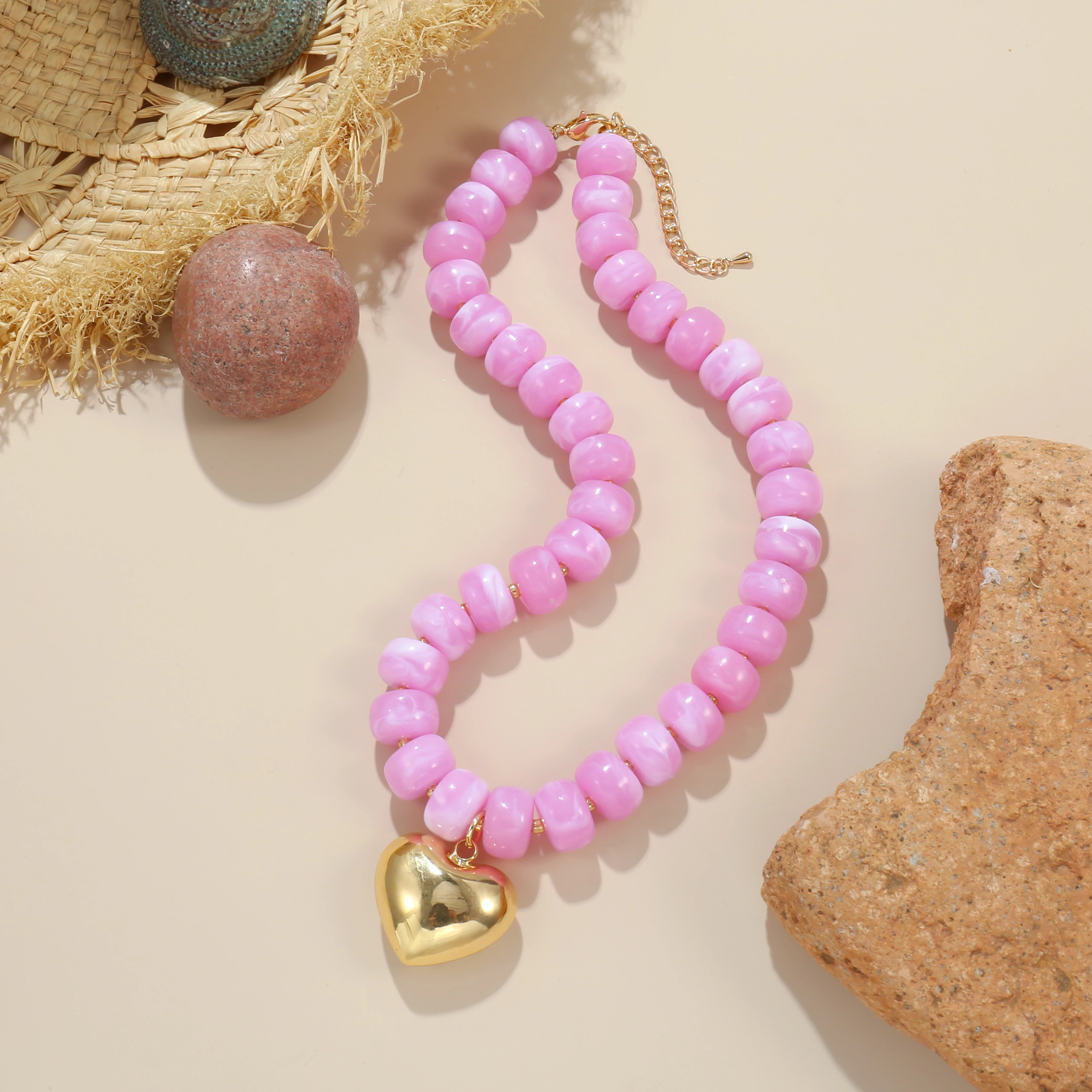 Badu Bohemia Colorful Acrylic Beaded Choker Necklace for Women 14K Gold Plated Heart Pendant Summer Aesthetic Y2K Jewelry Gift