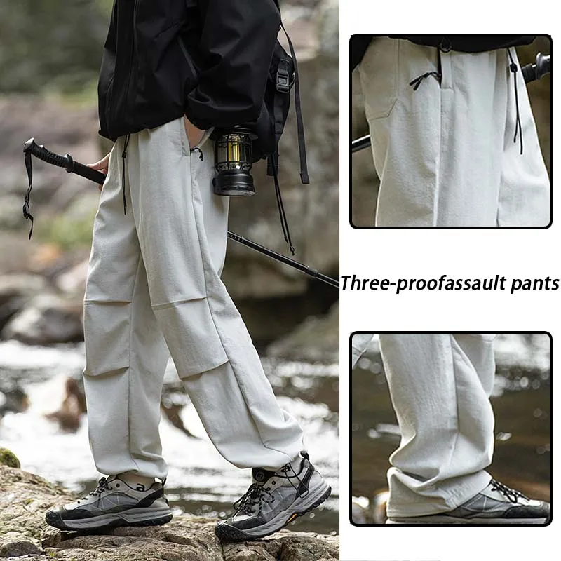 Men Hiking Pants Waterproof Zippered Pocket Loose Straight Cargo Trousers Outdoor Camping Sport Fishing Tactics Trousers