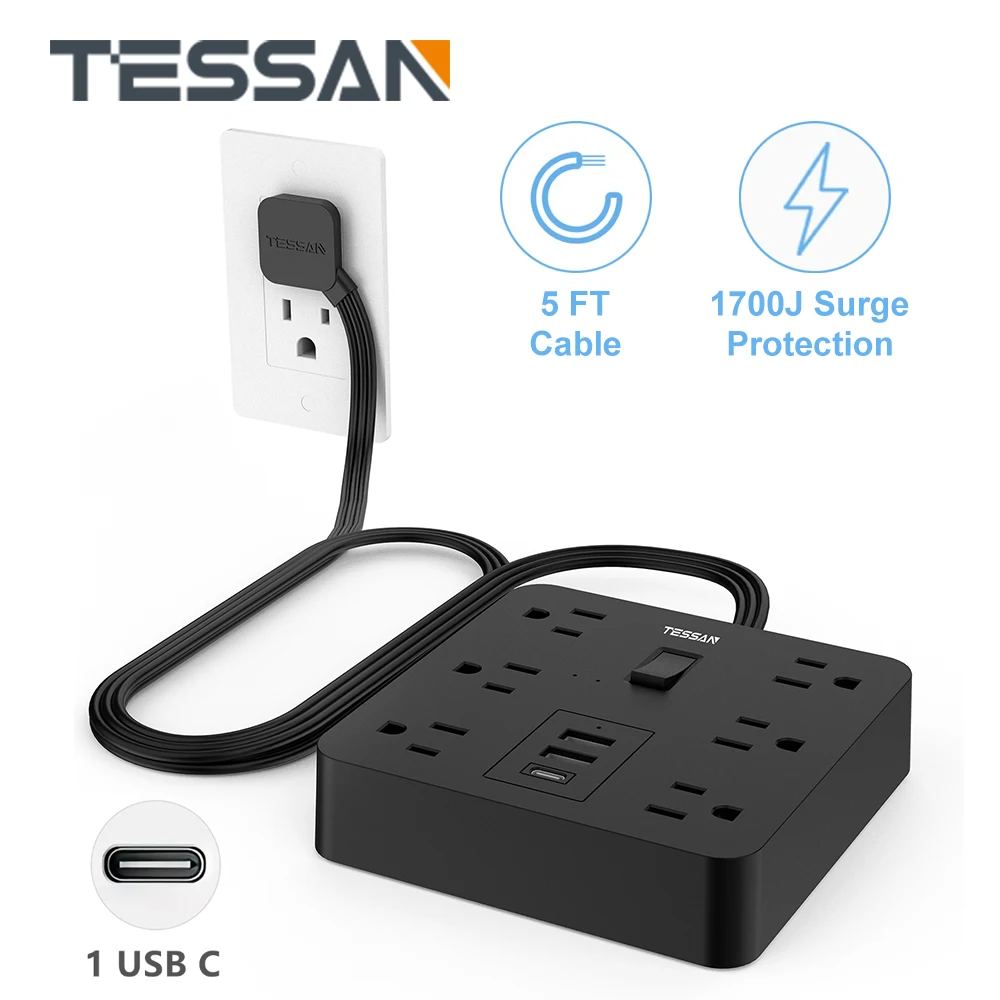 

Удлинитель TESSAN 9 в 1 с 6 розетками переменного тока и 3 USB (1 USB C), сетевой фильтр для перенапряжения с плоским штекером 5 футов