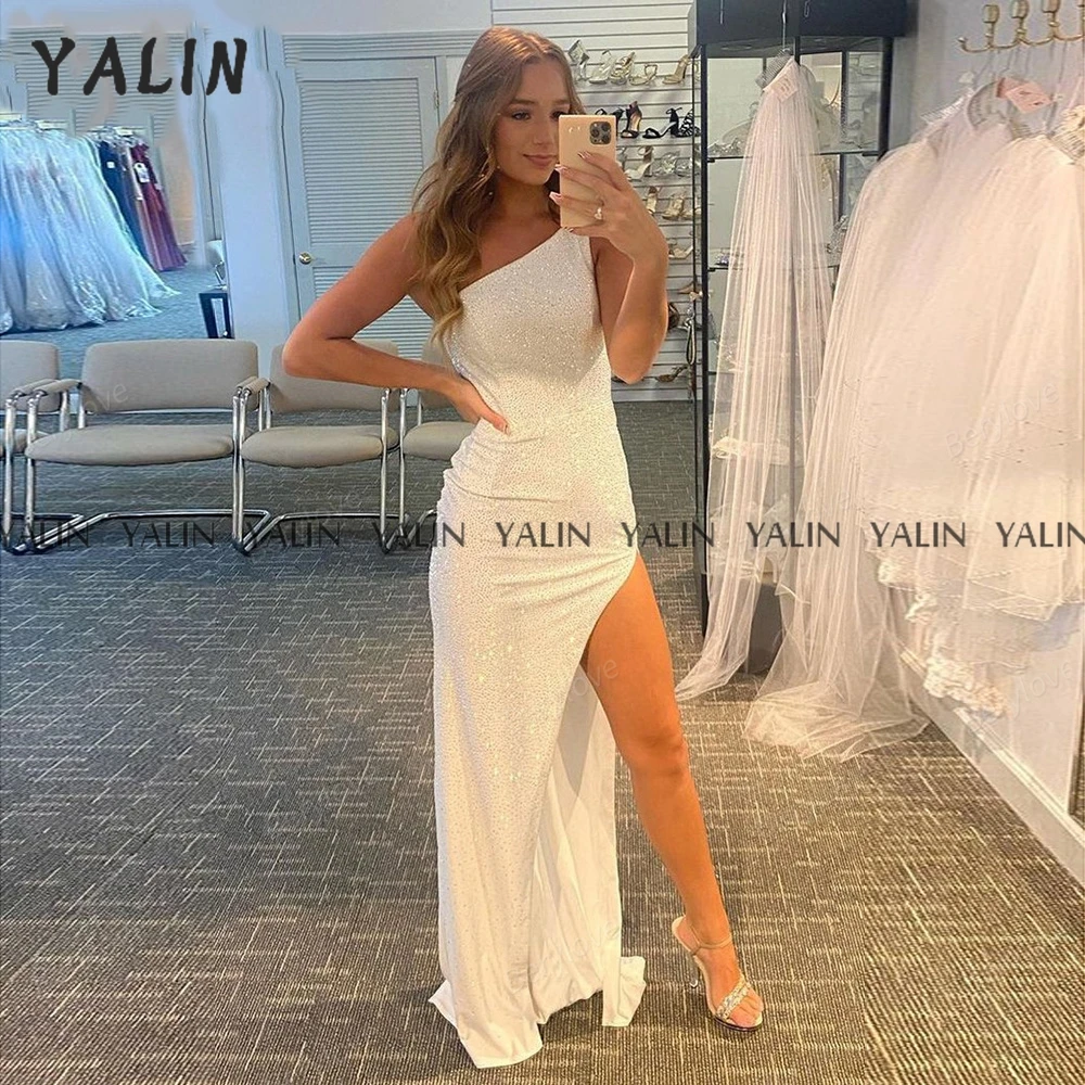 

YALIN Glitter High Slit Long Evening Dress Luxury Mermaid Prom Sequin Sweep Train Ivory vestidos de fiesta largos