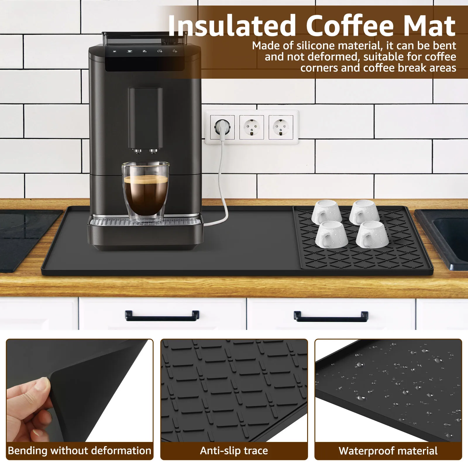 Silicone Coffee Mat Detachable(Optional) Dish Drying Mat for Kitchen Coffee Bar Accessories Fit Under Coffee Maker & Dish Rack