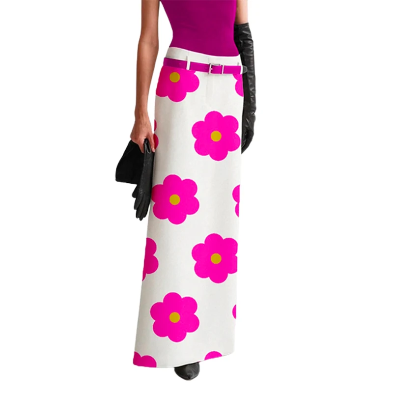 Modigirl Elegant Floral Printed Split-Back H-line Skirts Womens Summer Fashion High Waisted Slim Fit Small Fresh Straight Skirt
