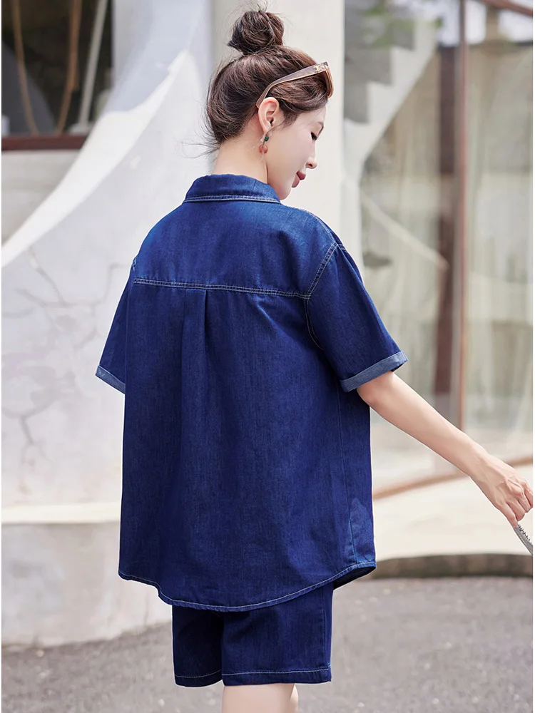 New Women Summer Dark Blue Denim Sets Fashion Turn-down Collar Short Sleeve Loose Denim Shirt and Elastic Waist Denim Shorts