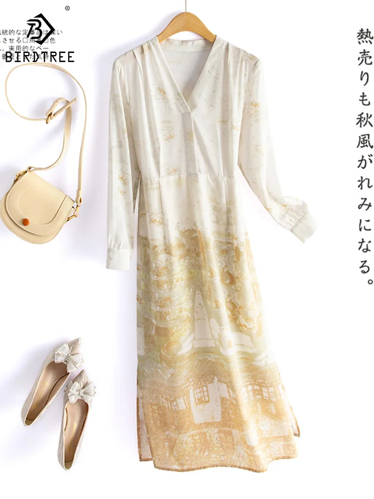 

Birdtree 100%Natural Silk Elegant Dresses Women V Neck Hand Drawn Print Commuting Dress Vacation Party Summer Autumn D38551QM