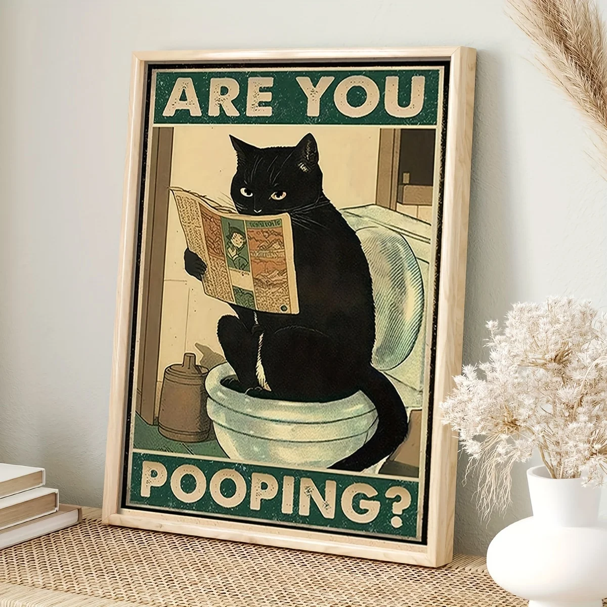 Art quote you are pooping black cat kitten reading newspaper in toilet funny animal poster retro art living room decoration 1