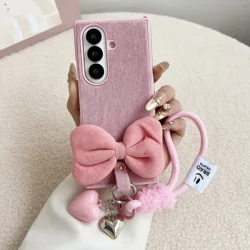 Plush Heart Pendant Fold Phone Case with 3D Bow and Rope Strap for Galaxy Z Fold3 (Pink)