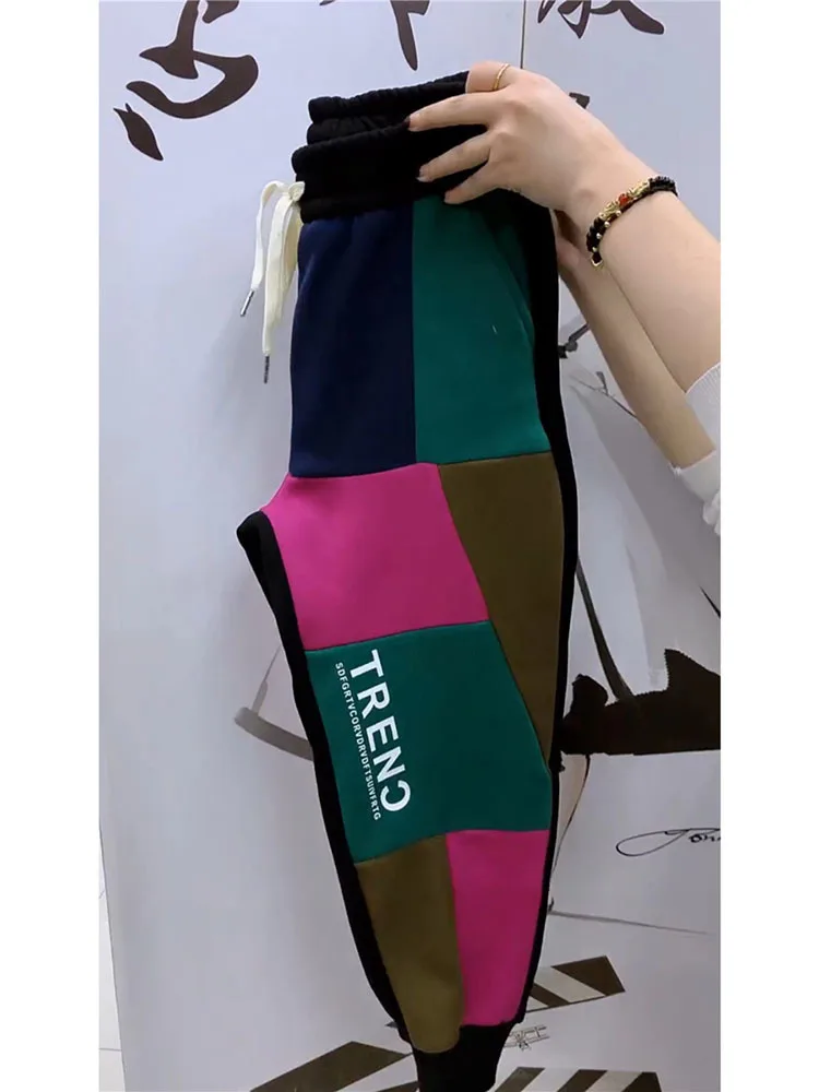 Pantaloni da donna con cuciture colorate autunno inverno Pantaloni casual con stampa leopardata Pantaloni Harem in vita elastica Pantaloni sportivi casual da donna 3