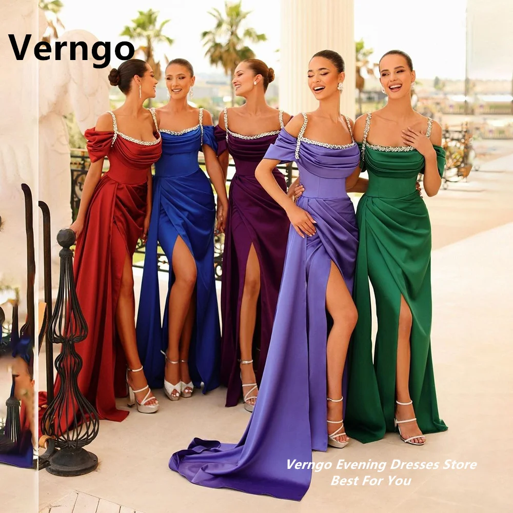 

Verngo Green/Purple/Side Slit Long Evening Gown Draped Train Spaghetti Straps Sequined Wedding Party Dress Bridesmaid Dress