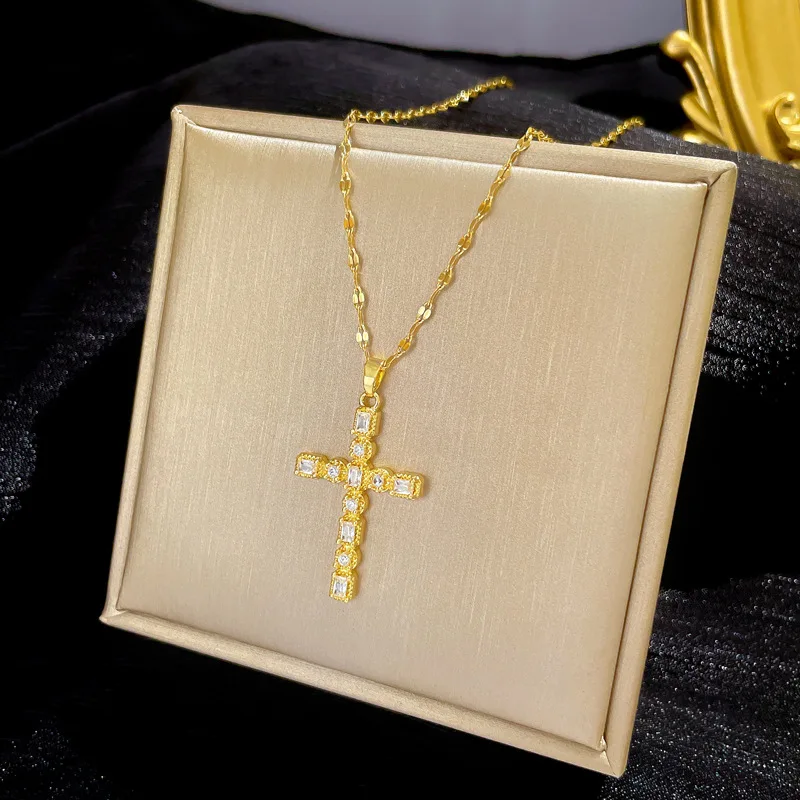 Delicate Luxurious Gold Color Cross Zircon Pendant Necklace For Women 2022  New Fashion Jewelry Gift 18K Gold Plated Copper Alloy