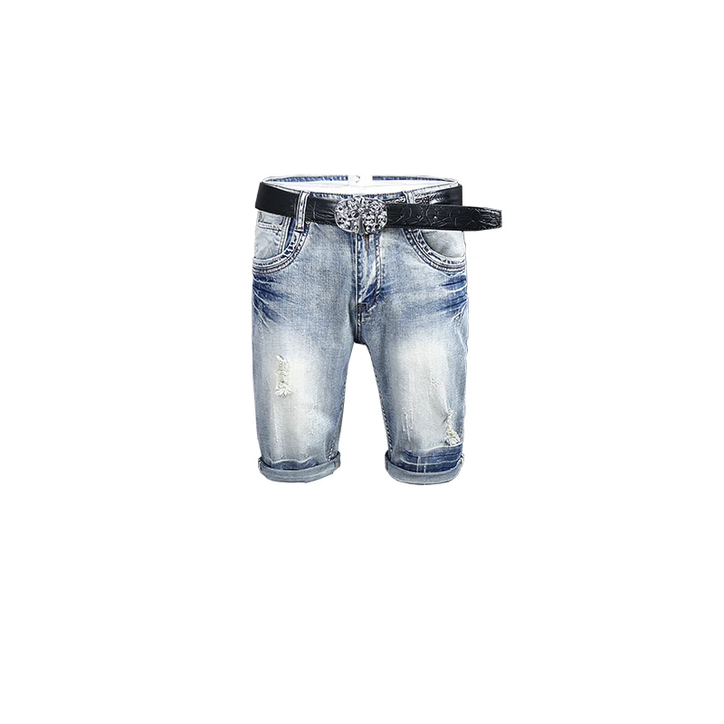 2024Summer New Ripped American Denim Shorts Men's Retro Light Blue Nostalgic Distressed Street Tide BrandinsPirate shorts