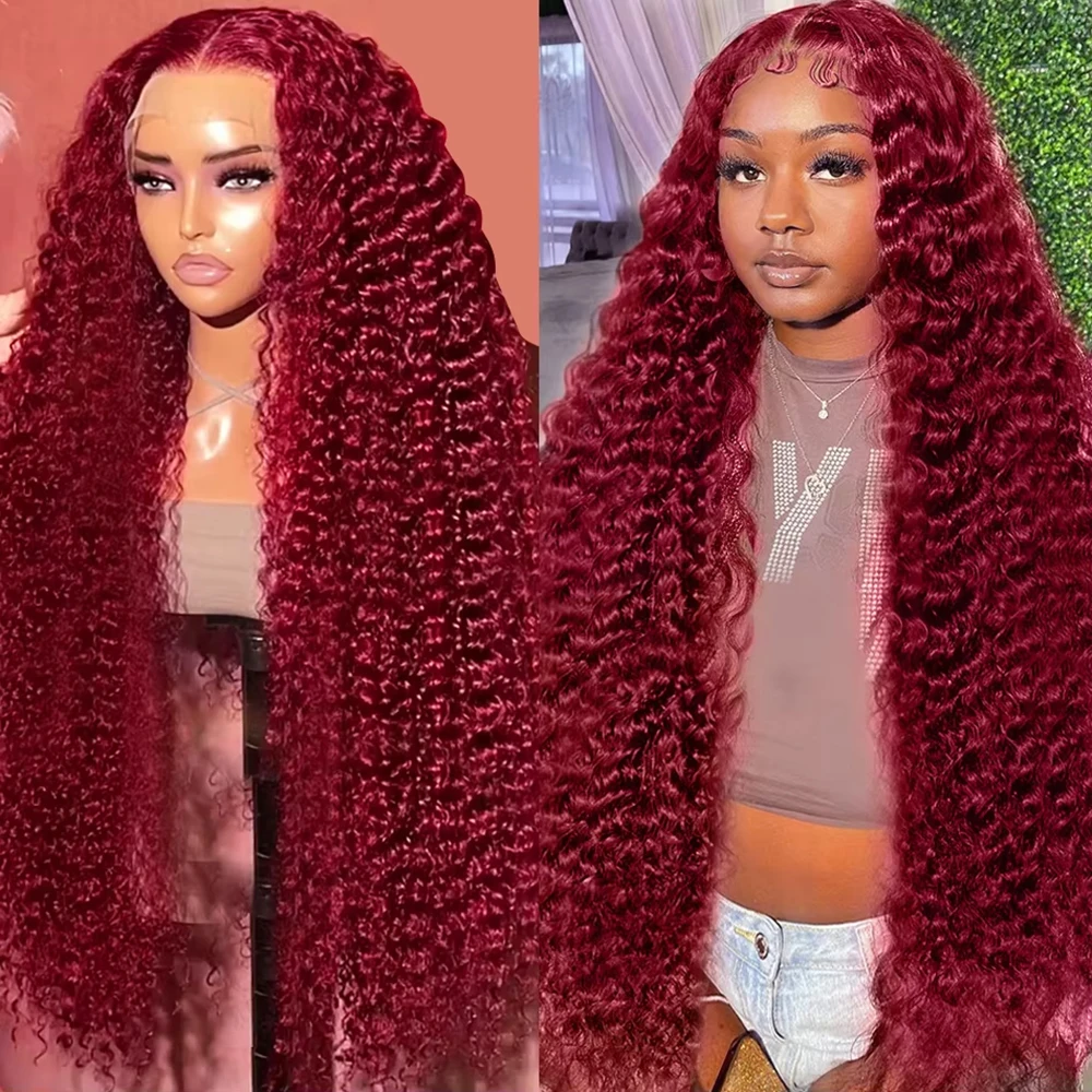 HD Transparent Lace 220 Density 13x4 13x6 Full Frontal Lace 99j Burgundy Preplucked Colored Deep Wave Frontal Human Hair Wig