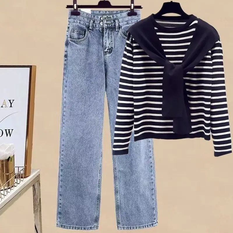 Set 2023 New Spring and Autumn Academy Style Knitwear Women+High Waist Reduced Age Jeans Women's Two Piece Set