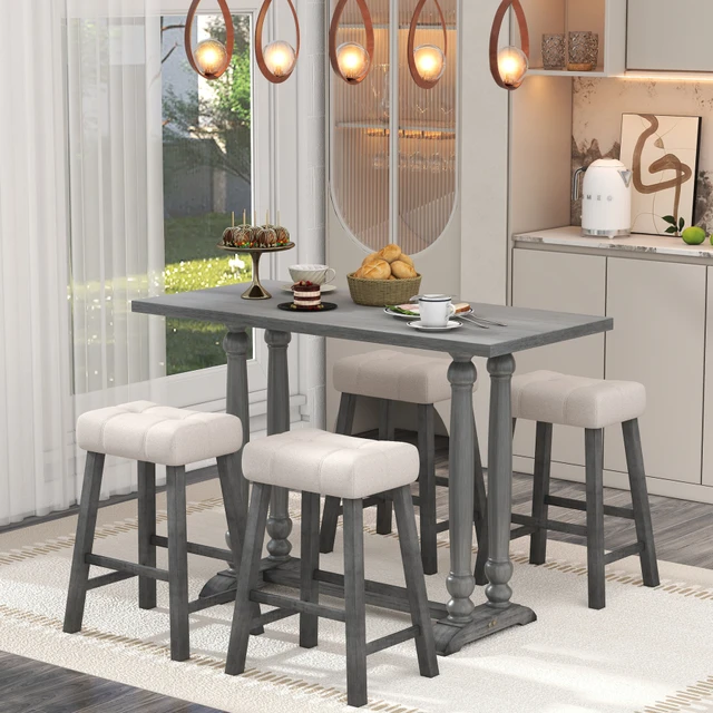 Juego de 5 muebles de mesa de cocina con 4 sillas, mesa de comedor y  taburetes de bar (tela beige)