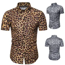 

Men Shirt Summer Fashion Leopard Print Slim Fit Shirt Men Casual Short Sleeve Single Breasted Turn-down Collar Shirt Streetwear