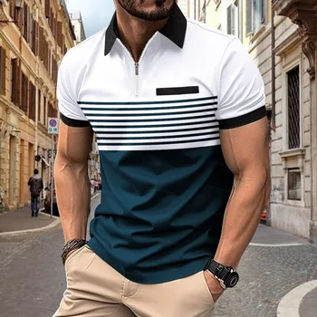 Men's Zipper Short-Sleeved Striped Polo Shirt Spring And Summer Fashion Casual Tops Street Outdoor Sports Wear Men's Clothing 1