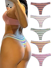  Women Cotton Colorful Stripe Panties Sexy Underwear G-String Rainbow Thong Soft Underpants Female Breathable Intimates Lingerie 