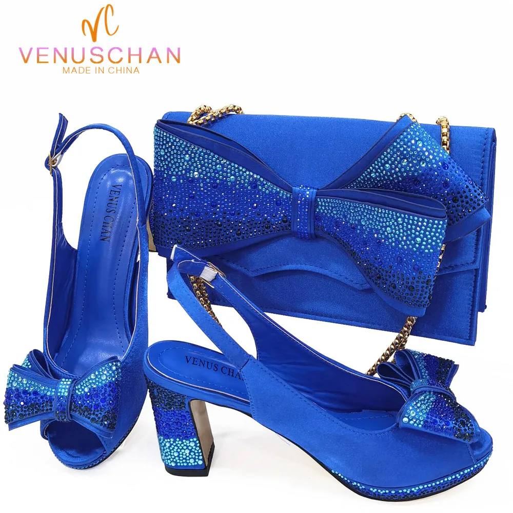 

Venus Chan 2024 Blue Color Elegant Lady Fashion Peep Toe Shoes Bride Comfortable Party Ladies Shoes and Bag Set for Women