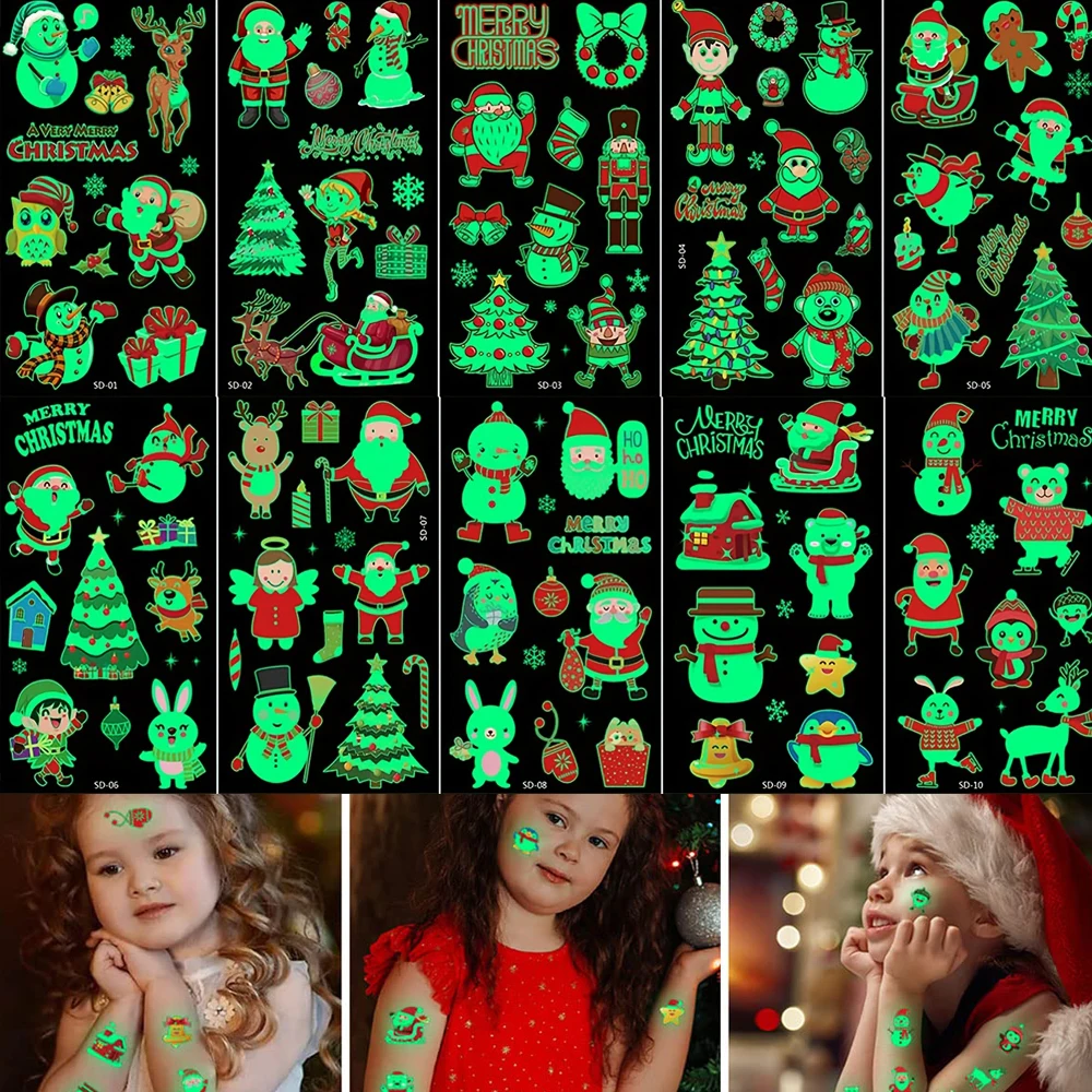 10 Sheets Christmas Temporary Tattoos Mixed Style Tattoo Sticker Waterproof Luminous Tattoo Stickers for Party Decor Supplies