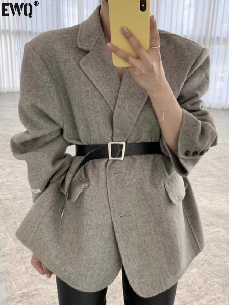 

[EWQ] Korean With Belt Woolen Jacket Women Long Sleeve Fake Pocket Patchwork Thick Jackets Coat 2024 Autumn Winter New 16U3821