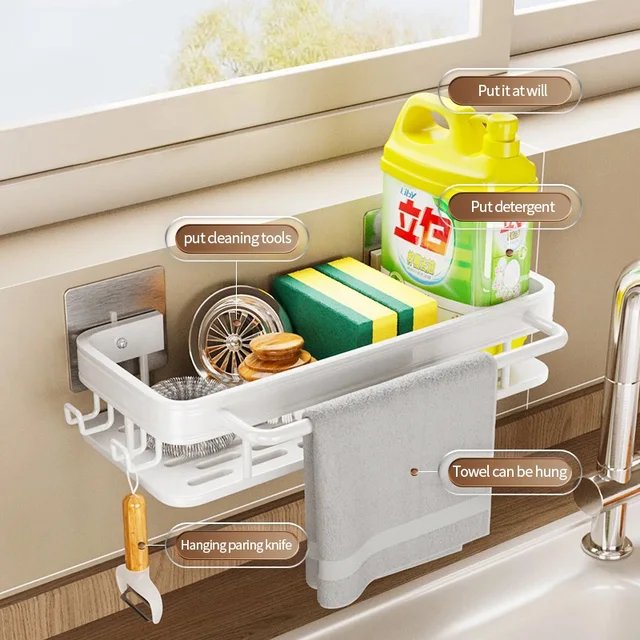 Konyhai Függő Tároló Állvány Polc Törülköző Szivacs Lefolyó Szervező Alumimum Mosogató Kosár Fürdőszoba Sampon Törülközőtartó - Image 2