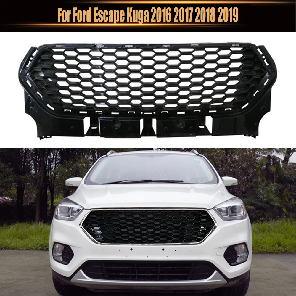 

For Ford Escape Kuga 2016 2017 2018 2019 Glossy Black Honeycomb Grille ABS Front Bumper Mask Mesh Racing Grills Upper Grid