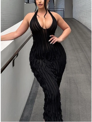 

Long Dress Women Clothes 2024 Summer High Waist Deep V-neck Hanging Neck Sexy Dresses Sleeveless Open Back Slim Hip Wrap Skirt