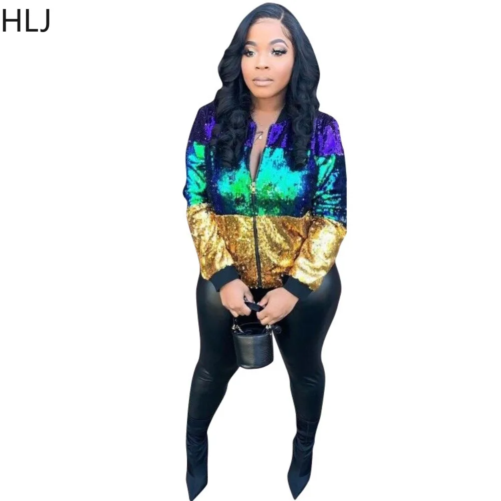 HLJ Fashion Sequin Splicing Zipper Jacket Women V Neck Long Sleeve Slim Coats Spring New Female Party Club Matching Top Clothing