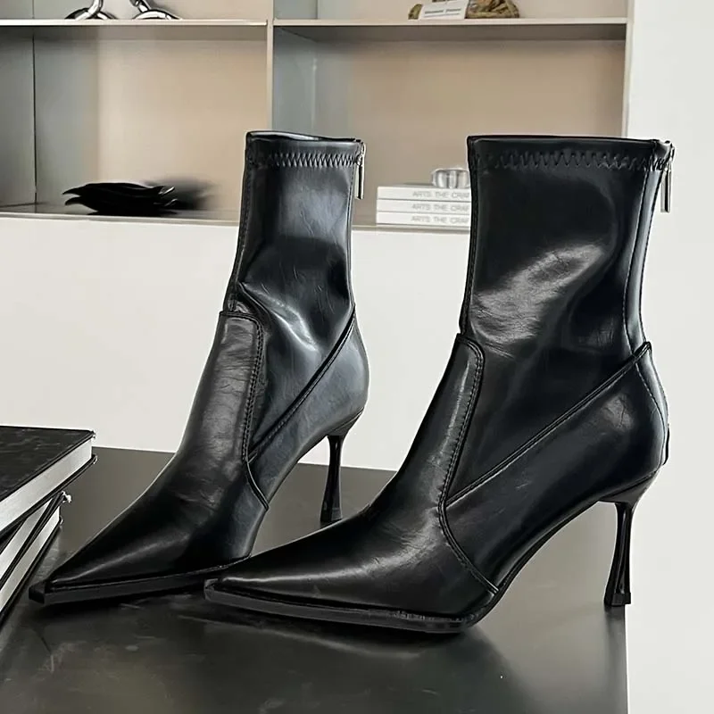 

2024 Fashion PU Splicing Zipper Ankle Boots Women's Sexy Pointed Thin Heel Sewing Western Boots Wedding Dress Zapatos