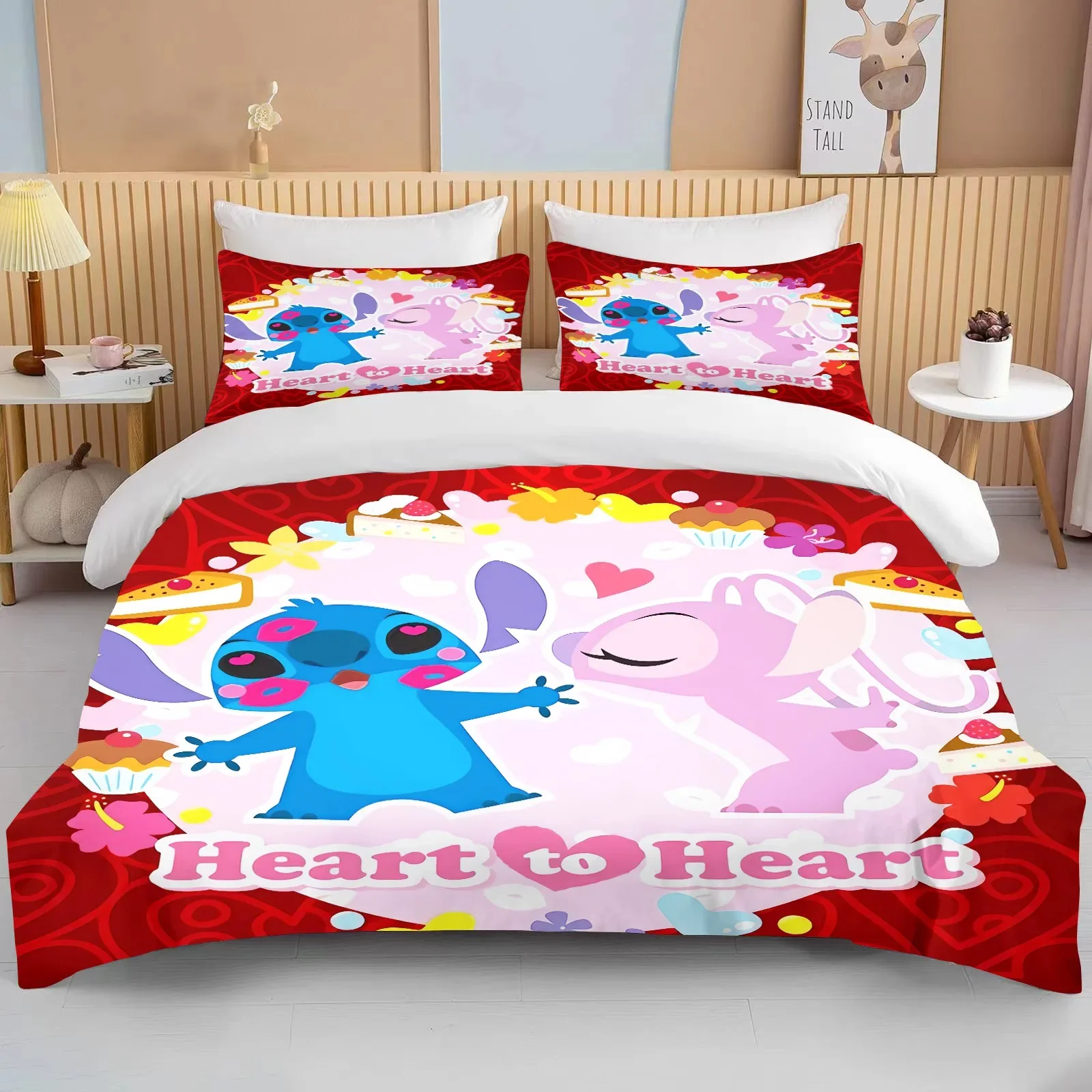 Disney Stitch and Angel Printed Bedding Set Duvet Cover Anime Quilt Adult Kids Birthday Gift Full Size Comforter Bedding Sets