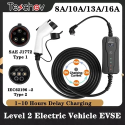 Teschev Type 1 Portable EV Charger SAE J1772 IEC62196-2 Type 2 Level 2 8A 10A 13A 16A Car Charging Stations Electric Car Charger