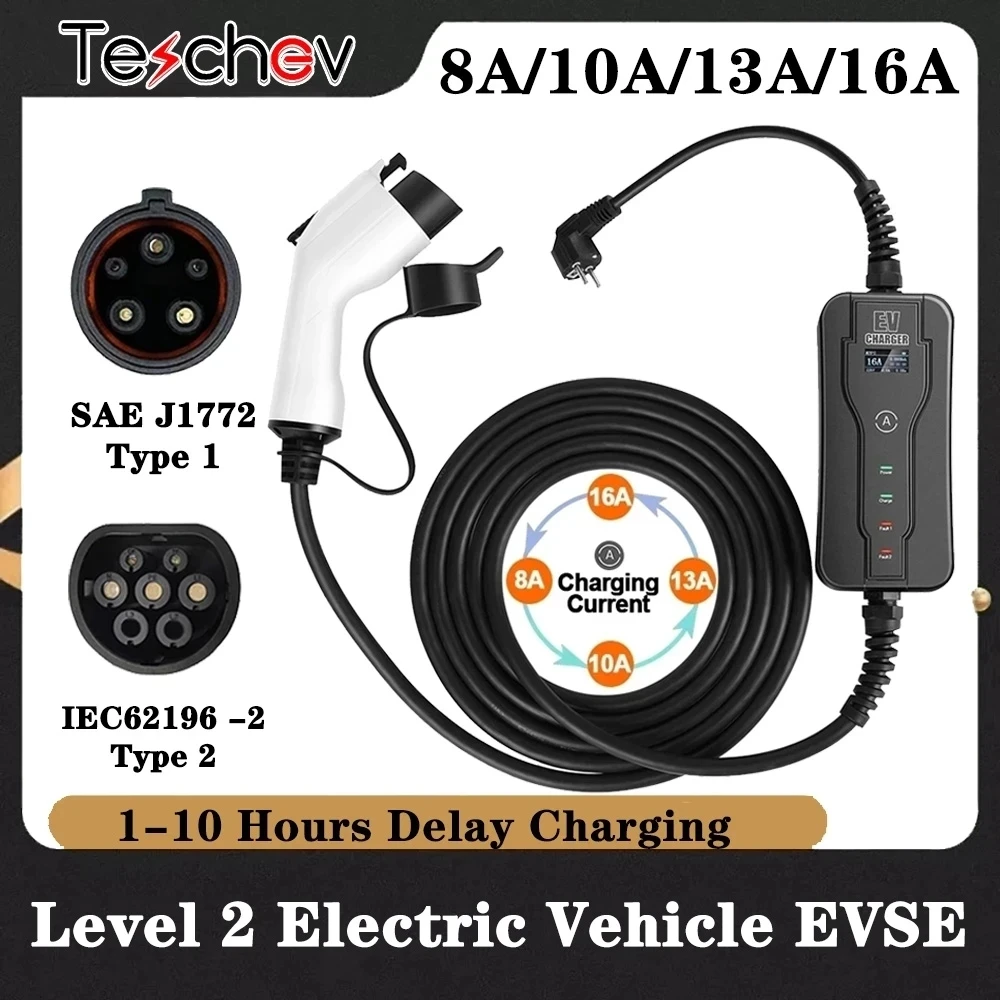 EV Car Charger Display Type 1 LEVEL 2 US Plug 16A Travel Portable Charger  Cable 6m for J1772 for Tesla EVSE Electric Vehicles - AliExpress