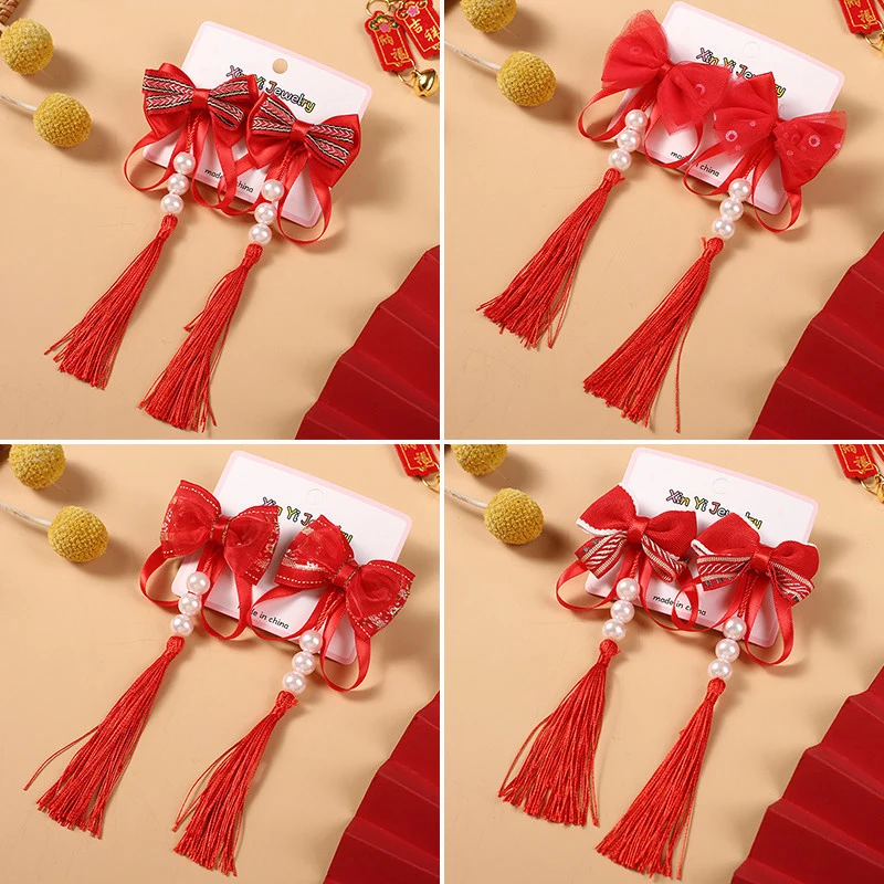 

New Year Red Bow Ribbon Hairpin For Women Long Tassels Bowknot Hair Clip Chinese Style Headband Girl Hair Accessories