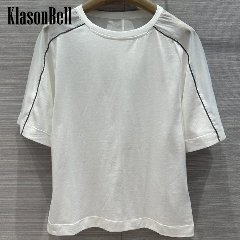 

5.11 KlasonBell Beading Chain Organza Silk Spliced Cotton Short Sleeve Design Tee Women Classic O-Neck Versatile White T-Shirt