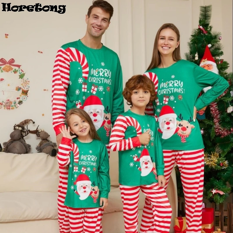 thumbnail image 4 of Conjunto de ropa de casa con estampado de dibujos animados de Papá Noel para toda la familia, pijamas navideños a rayas con letras para padres e hijos, 4 of 5