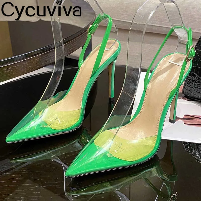 

New Green PVC Slingback Sandals Women Pointy Toe Transparent Sexy Pumps Summer Thin High Heels Dress Party Bride Shoes For Woman