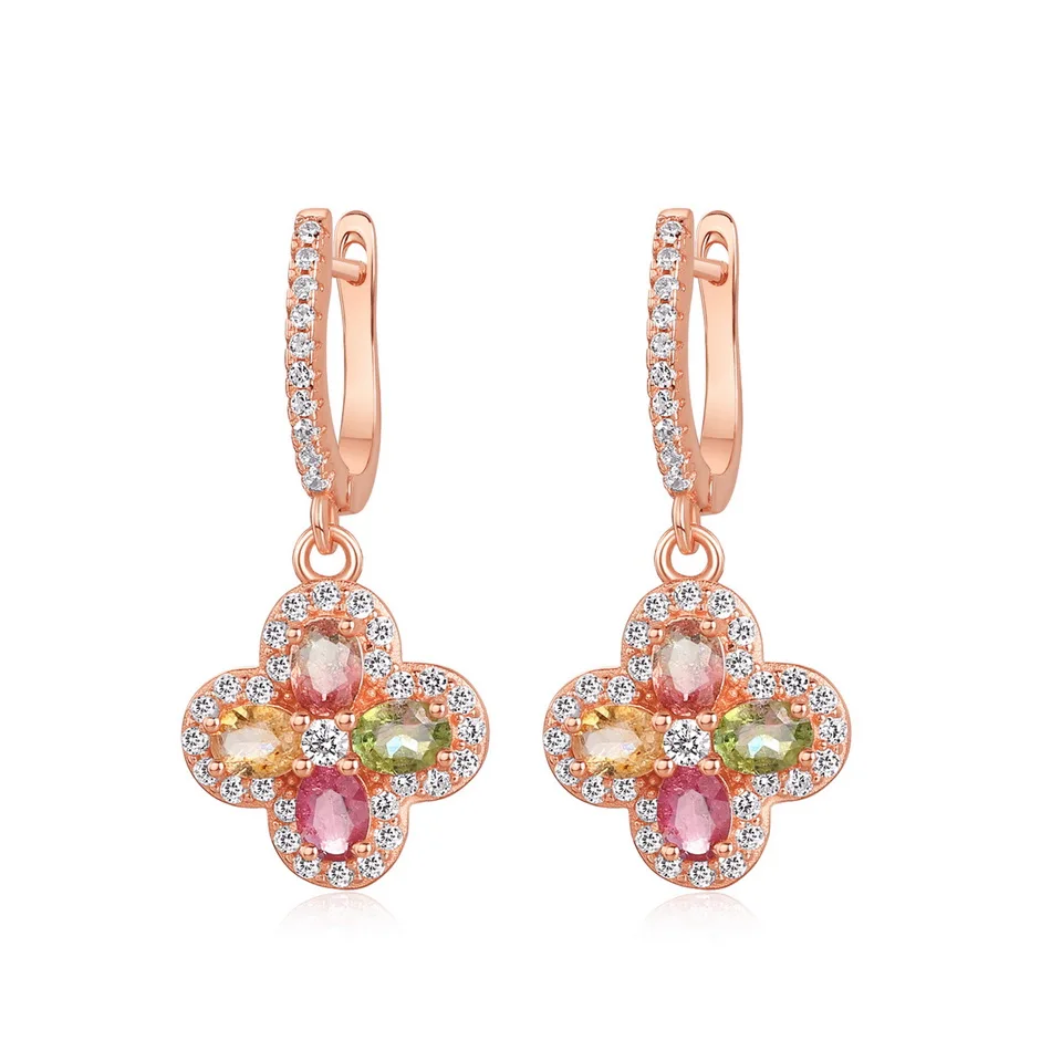 ALLNOEL Natural Tourmaline Dangle Earrings For Women Colorful Exquisite Four Leaf Clover Flower Rose Gold Jewelry Free Shipping 2