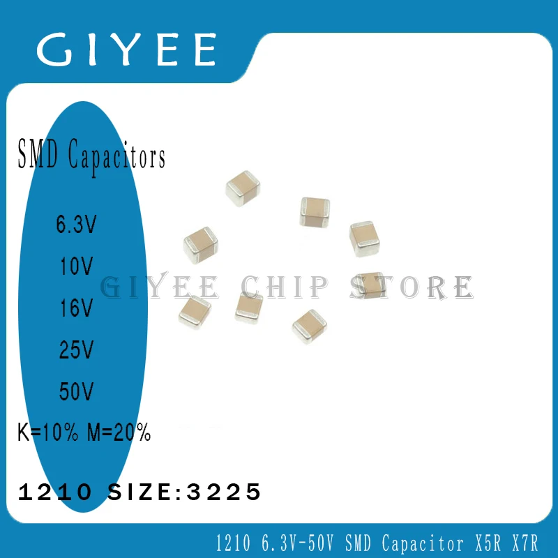 

20 шт./партия, конденсаторы SMD 1210 3225 в-50 в K = 6,3 м = 10% X5R X7R 1 мкф 20% мкФ 2,2 мкФ 3,3 мкФ 10 мкФ 22 мкФ 47 мкФ 4,7 мкФ