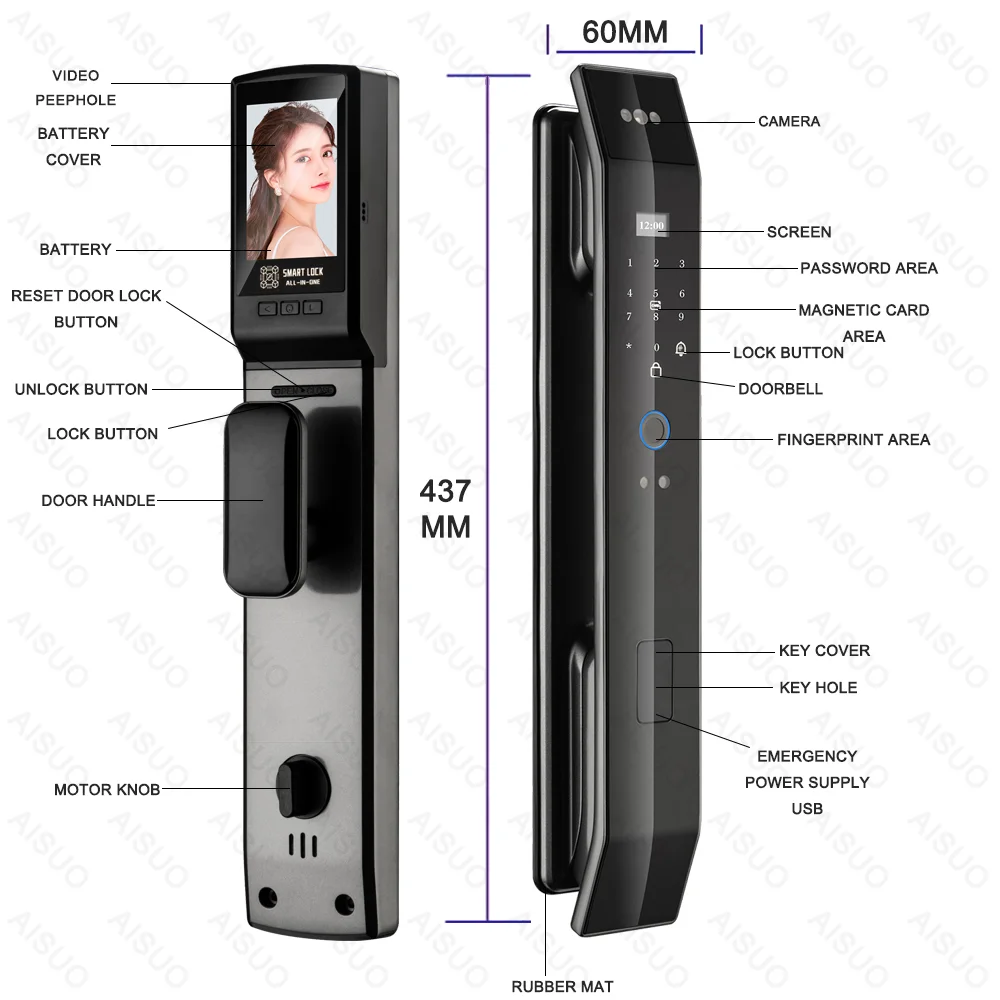 투야 3D 얼굴 실시간 인터콤 스마트 도어락 보안 카메라, 지능형 지문 번호, 생체 인식 전자 키, 잠금 해제